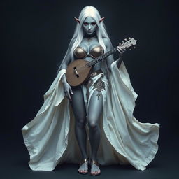 A full-body portrait of a dark bluish-gray skinned drow elf with long white hair and striking red eyes, holding a small mandolin