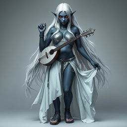 A full-body portrait of a dark bluish-gray skinned drow elf with long white hair and striking red eyes, holding a small mandolin