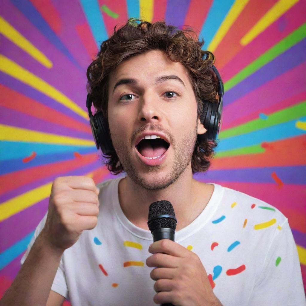 An energetic portrayal of the Argentine Youtuber, Tiago PZK, showcasing his singing ability. The scene is lively with Tiago holding a microphone, engulfed in colorful music notes.