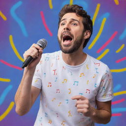 An energetic portrayal of the Argentine Youtuber, Tiago PZK, showcasing his singing ability. The scene is lively with Tiago holding a microphone, engulfed in colorful music notes.