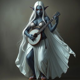 A full-body portrait of a dark bluish-gray skinned drow elf with long white hair and striking red eyes, holding a small mandolin