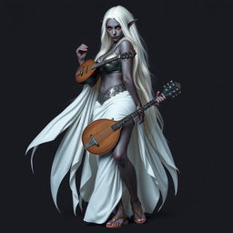 A full-body portrait of a dark bluish-gray skinned drow elf with long white hair and striking red eyes, holding a small mandolin