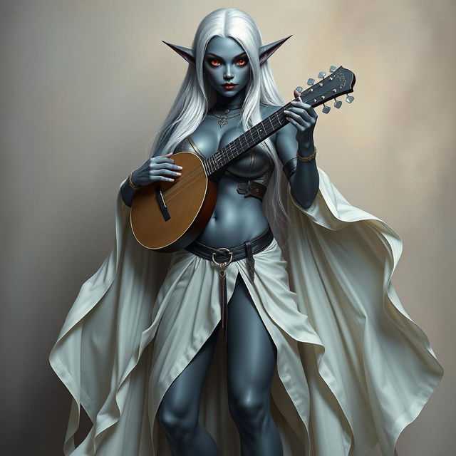 A full-body portrait of a dark bluish-gray skinned drow elf with long white hair and striking red eyes, holding a small mandolin