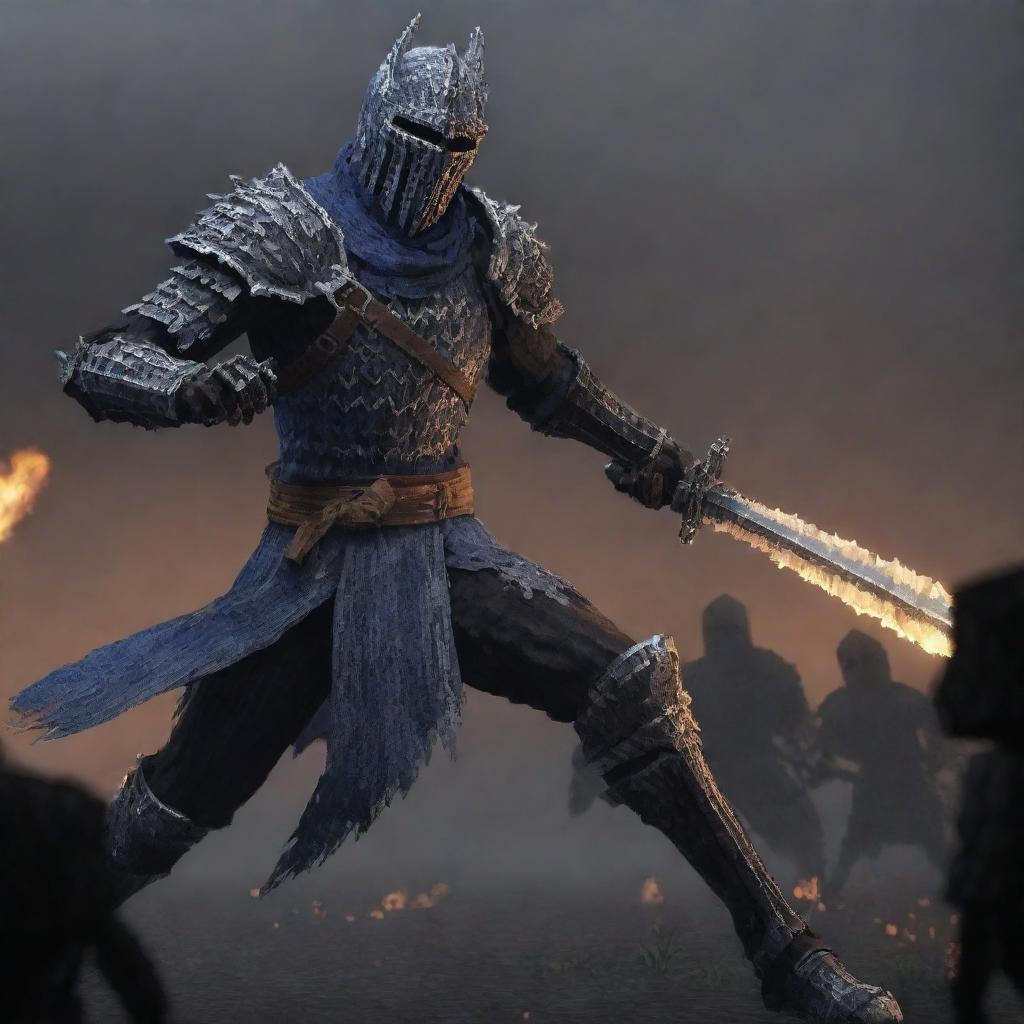 Artorias from Dark Souls, in a distinct Minecraft style, engaging in an epic battle with black skeletons.