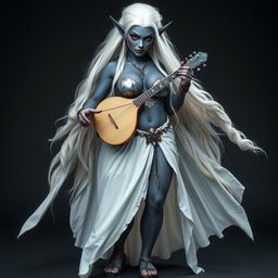 A full-body portrait of a dark bluish-gray skinned drow elf with long white hair and striking red eyes, holding a small mandolin