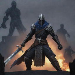 Artorias from Dark Souls, in a distinct Minecraft style, engaging in an epic battle with black skeletons.