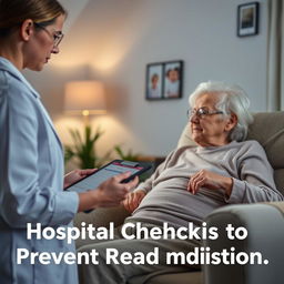 A serene scene depicting a caregiver or family member performing daily health monitoring for an elderly patient in a comfortable home environment after hospital discharge