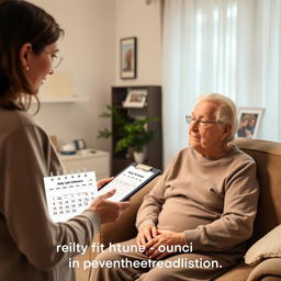 A serene scene depicting a caregiver or family member performing daily health monitoring for an elderly patient in a comfortable home environment after hospital discharge