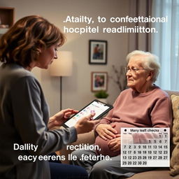 A serene scene depicting a caregiver or family member performing daily health monitoring for an elderly patient in a comfortable home environment after hospital discharge