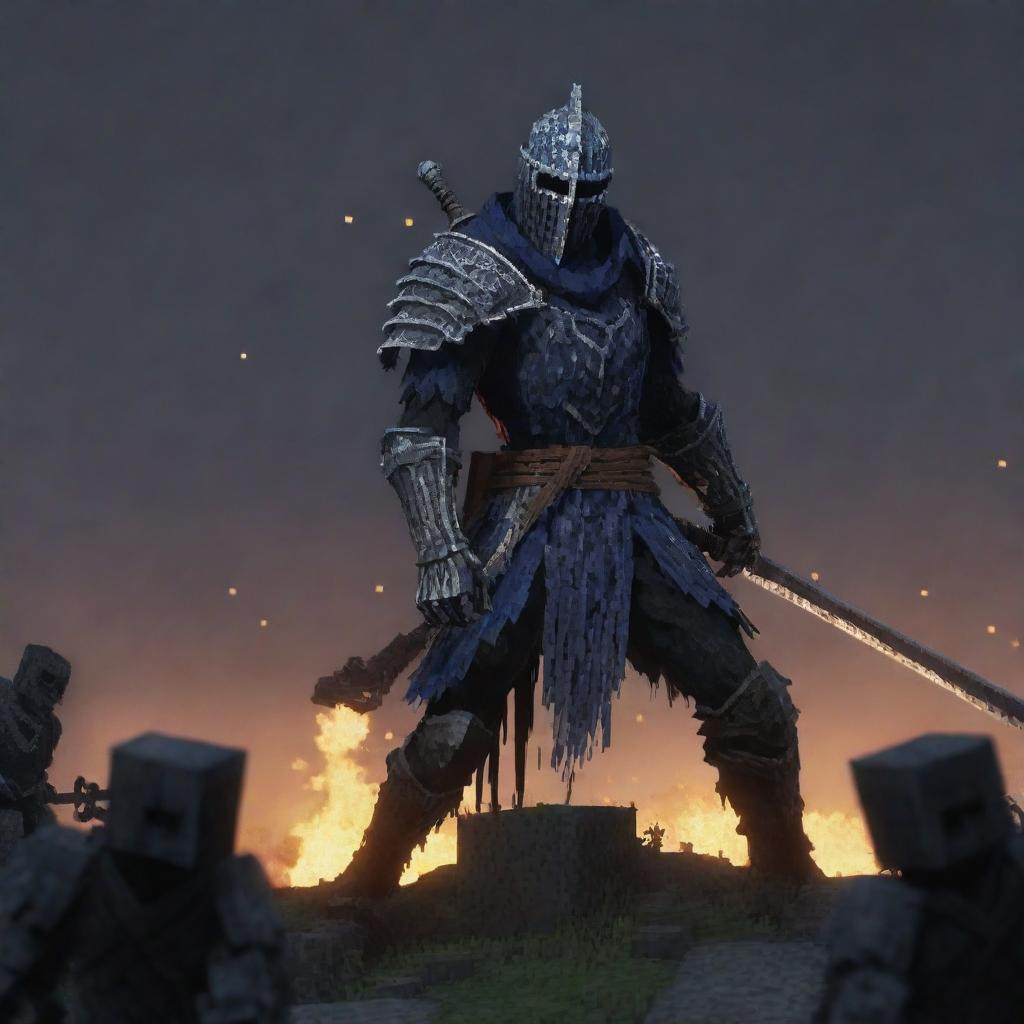 Artorias from Dark Souls, in a distinct Minecraft style, engaging in an epic battle with black skeletons.