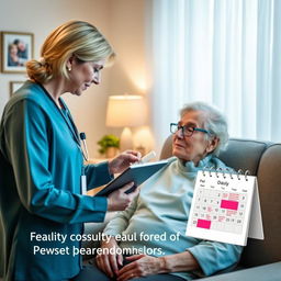 A serene scene depicting a caregiver or family member performing daily health monitoring for an elderly patient in a comfortable home environment after hospital discharge