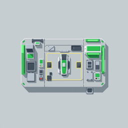 A top-down view of a repair station designed in pixel art style