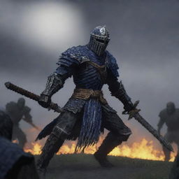 Artorias from Dark Souls, in a distinct Minecraft style, engaging in an epic battle with black skeletons.