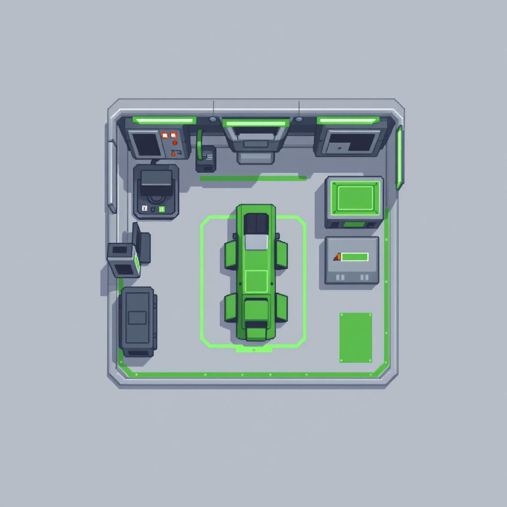 A top-down view of a repair station designed in pixel art style