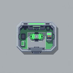 A top-down view of a repair station designed in pixel art style