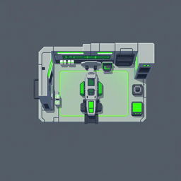 A top-down view of a repair station designed in pixel art style