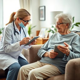 A clinical yet warm scene showing a healthcare professional, such as a nurse or caregiver, performing daily health monitoring of an elderly patient at home after hospital discharge