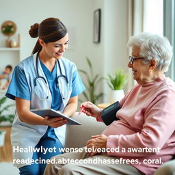 A clinical yet warm scene showing a healthcare professional, such as a nurse or caregiver, performing daily health monitoring of an elderly patient at home after hospital discharge