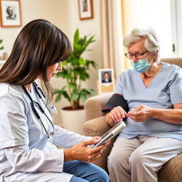 A clinical yet warm scene showing a healthcare professional, such as a nurse or caregiver, performing daily health monitoring of an elderly patient at home after hospital discharge