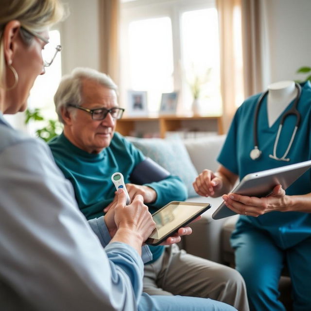 A clinical yet warm scene showing a healthcare professional, such as a nurse or caregiver, performing daily health monitoring of an elderly patient at home after hospital discharge