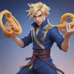 An original character named Hadid from Mobile Legends, wielding noodles as his weapon. He is energetically launching a noodle attack, with a determined expression.