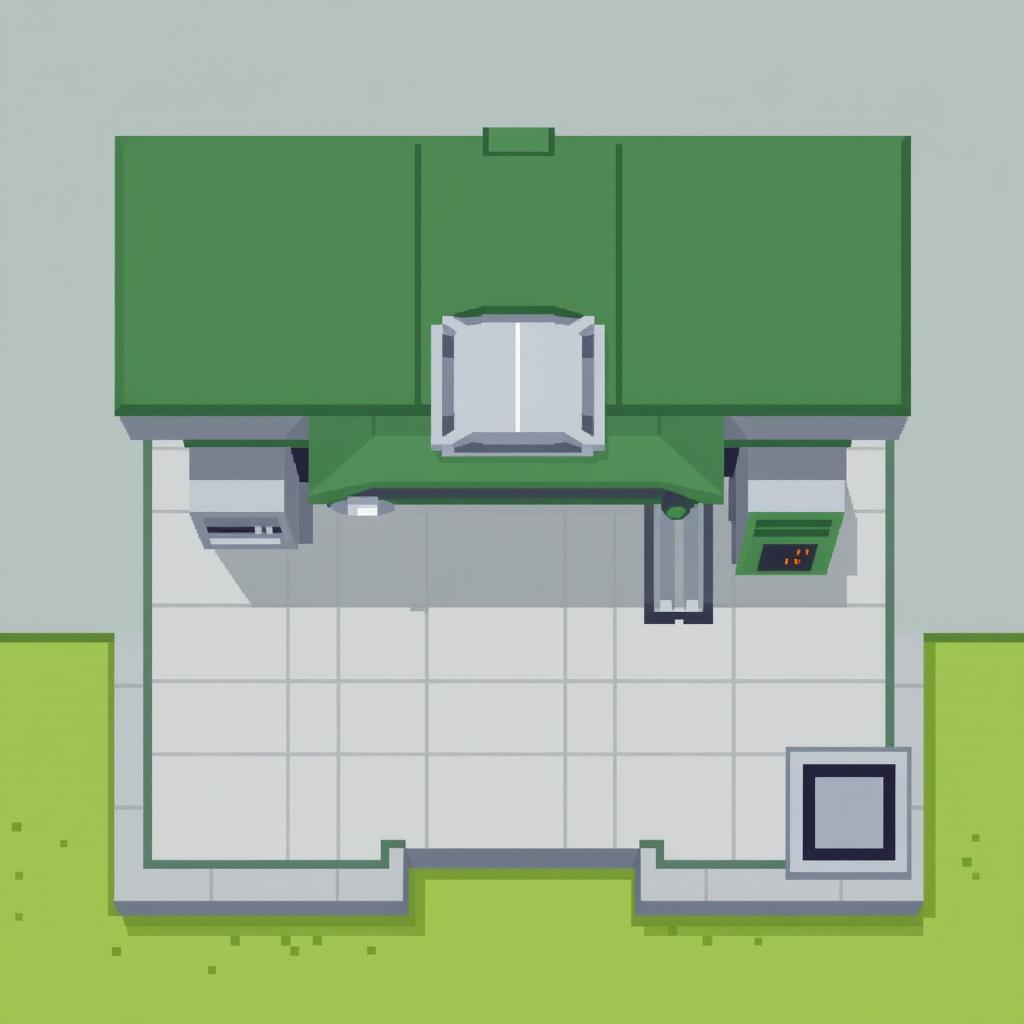 A top-down view of a repair station designed in pixel art style, featuring a roof