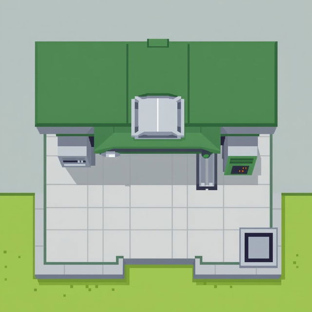 A top-down view of a repair station designed in pixel art style, featuring a roof