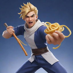 An original character named Hadid from Mobile Legends, wielding noodles as his weapon. He is energetically launching a noodle attack, with a determined expression.