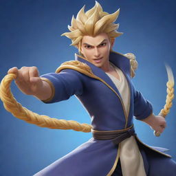 An original character named Hadid from Mobile Legends, wielding noodles as his weapon. He is energetically launching a noodle attack, with a determined expression.