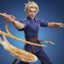 An original character named Hadid from Mobile Legends, wielding noodles as his weapon. He is energetically launching a noodle attack, with a determined expression.