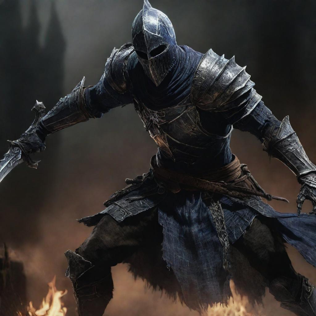 Artorias, the legendary knight, engaged in an intense battle against squared, dark skeletal warriors.