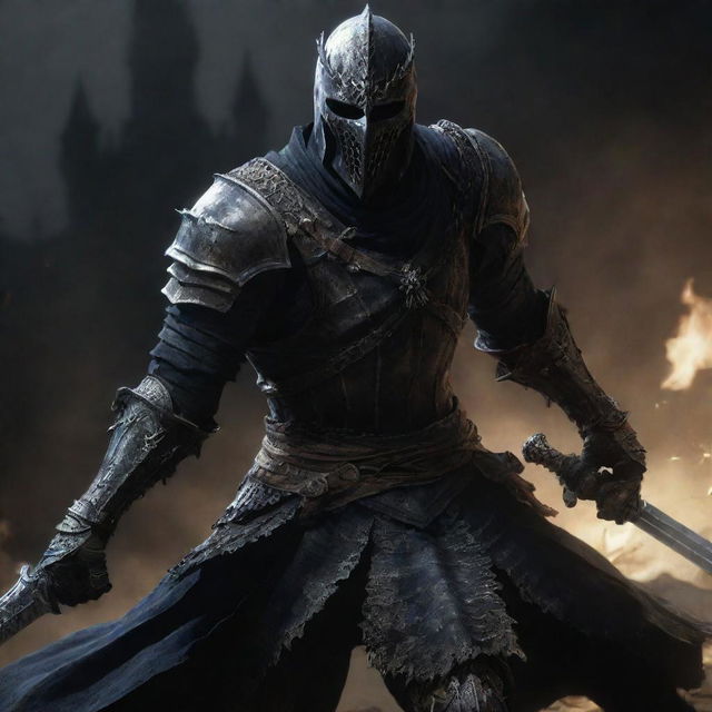 Artorias, the legendary knight, engaged in an intense battle against squared, dark skeletal warriors.