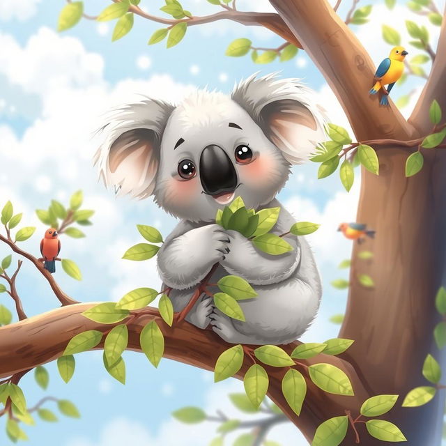 A cute and friendly koala sitting comfortably on a sturdy eucalyptus tree branch, munching on green eucalyptus leaves