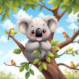 A cute and friendly koala sitting comfortably on a sturdy eucalyptus tree branch, munching on green eucalyptus leaves