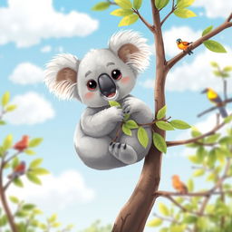 A cute and friendly koala sitting comfortably on a sturdy eucalyptus tree branch, munching on green eucalyptus leaves