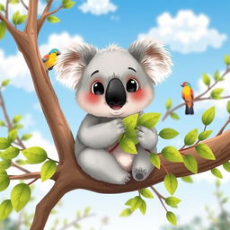 A cute and friendly koala sitting comfortably on a sturdy eucalyptus tree branch, munching on green eucalyptus leaves