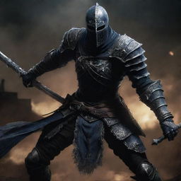 Artorias, the legendary knight, engaged in an intense battle against squared, dark skeletal warriors.