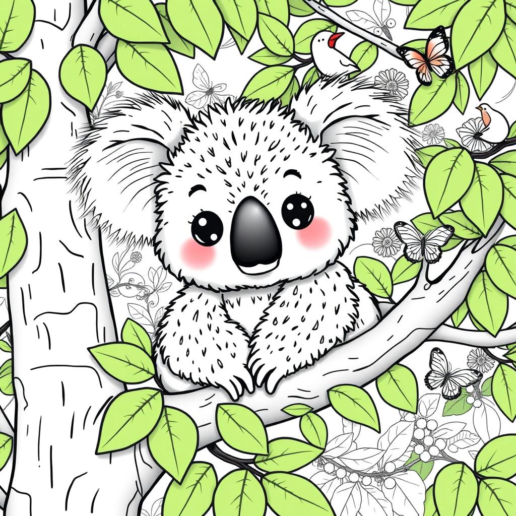 A delightful coloring page featuring a cute koala sitting on a eucalyptus tree branch, surrounded by lush green leaves