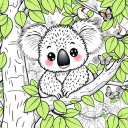 A delightful coloring page featuring a cute koala sitting on a eucalyptus tree branch, surrounded by lush green leaves