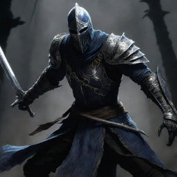 Artorias, the legendary knight, engaged in an intense battle against squared, dark skeletal warriors.