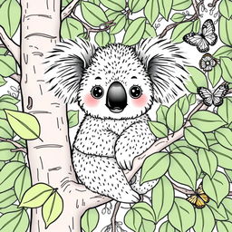 A delightful coloring page featuring a cute koala sitting on a eucalyptus tree branch, surrounded by lush green leaves