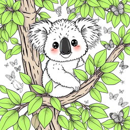 A delightful coloring page featuring a cute koala sitting on a eucalyptus tree branch, surrounded by lush green leaves