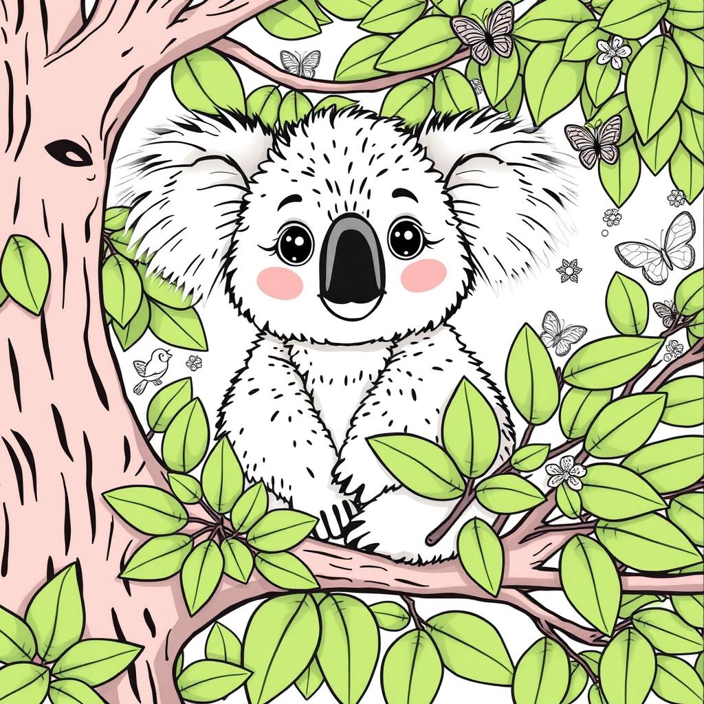 A delightful coloring page featuring a cute koala sitting on a eucalyptus tree branch, surrounded by lush green leaves