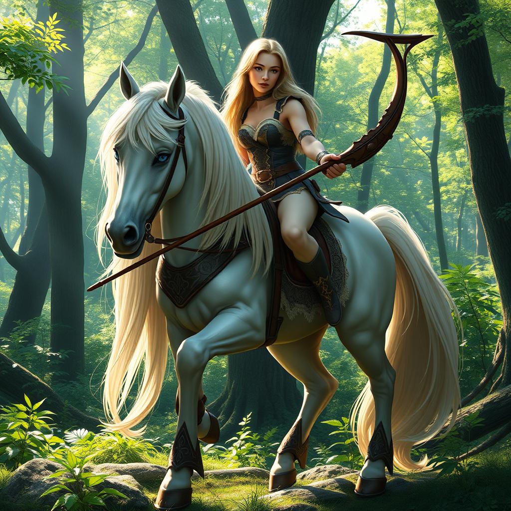 A majestic female centaur with long, flowing blond hair cascading down her back, piercing blue eyes that radiate intelligence, and a powerful longbow gripped firmly