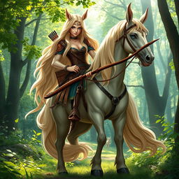 A majestic female centaur with long, flowing blond hair cascading down her back, piercing blue eyes that radiate intelligence, and a powerful longbow gripped firmly