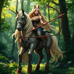 A majestic female centaur with long, flowing blond hair cascading down her back, piercing blue eyes that radiate intelligence, and a powerful longbow gripped firmly