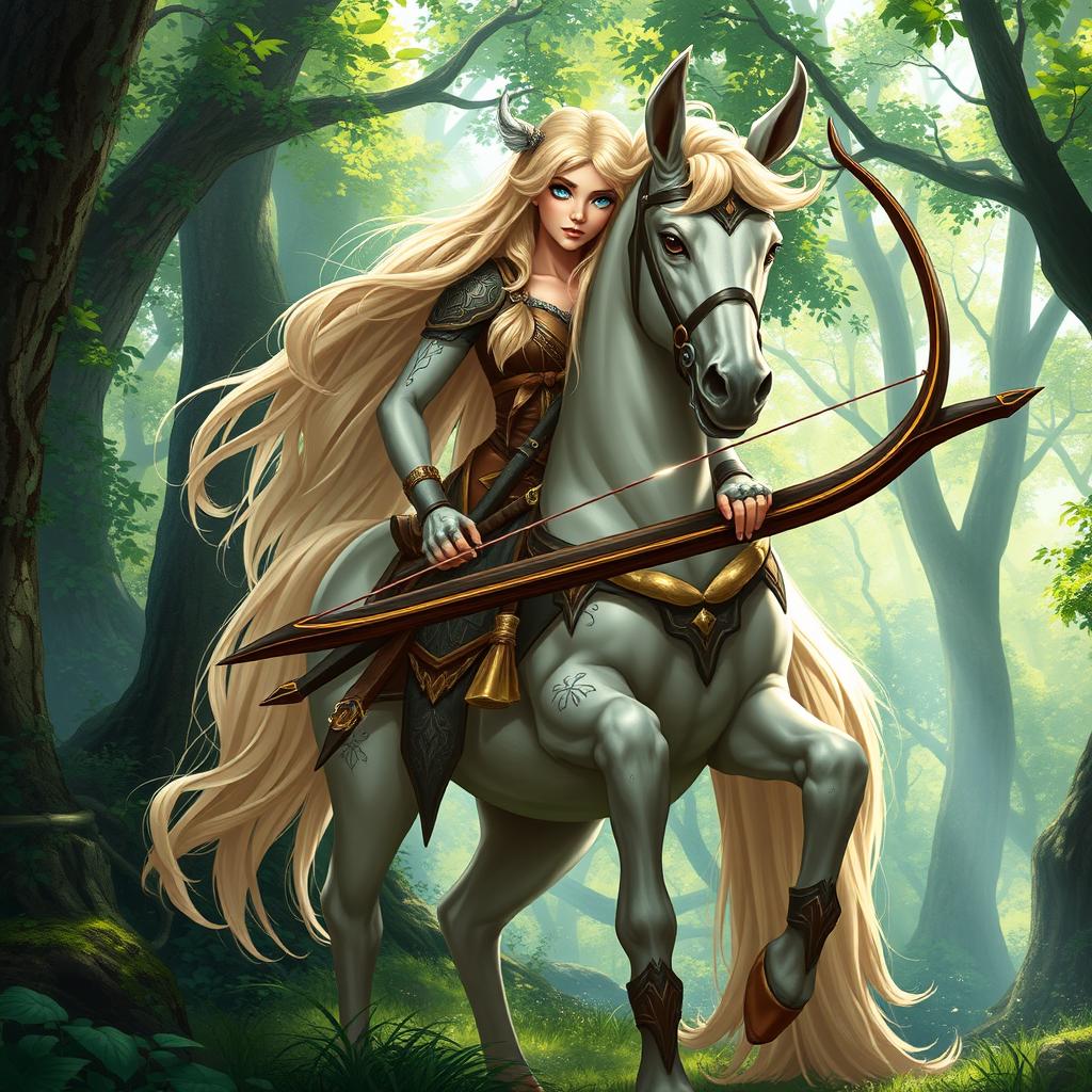 A majestic female centaur with long, flowing blond hair cascading down her back, piercing blue eyes that radiate intelligence, and a powerful longbow gripped firmly