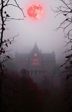 An enchanting scene inspired by the concept of a vampire academy, featuring everything in rich shades of red and dark burgundy