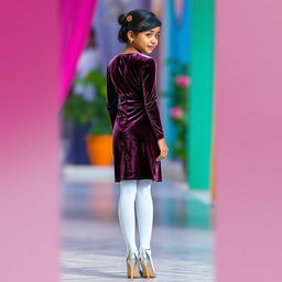 A young Indian girl gracefully wearing a stylish velvet dress that enhances her silhouette, paired with white stockings