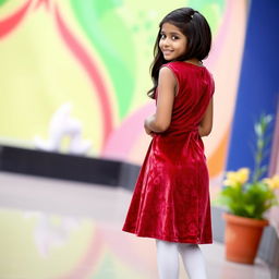 A young Indian girl gracefully wearing a stylish velvet dress that enhances her silhouette, paired with white stockings